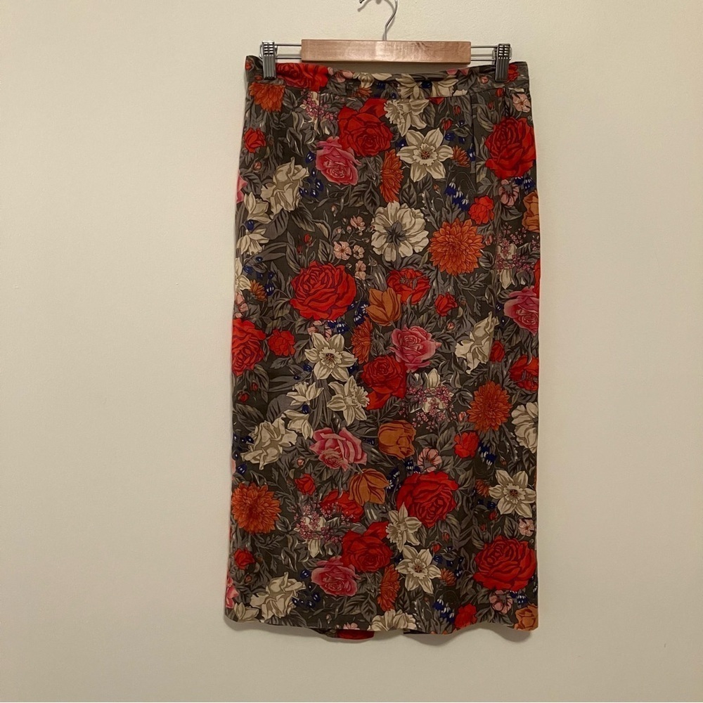 VTG Talbots Long Linen Skirt Sz.12 Green Floral Lined Cottagecore Pockets